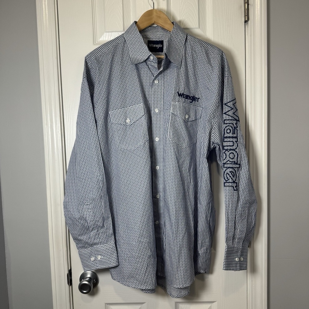 Wrangler Men's Logo Geometric Print Blue Button Down Shirt XL